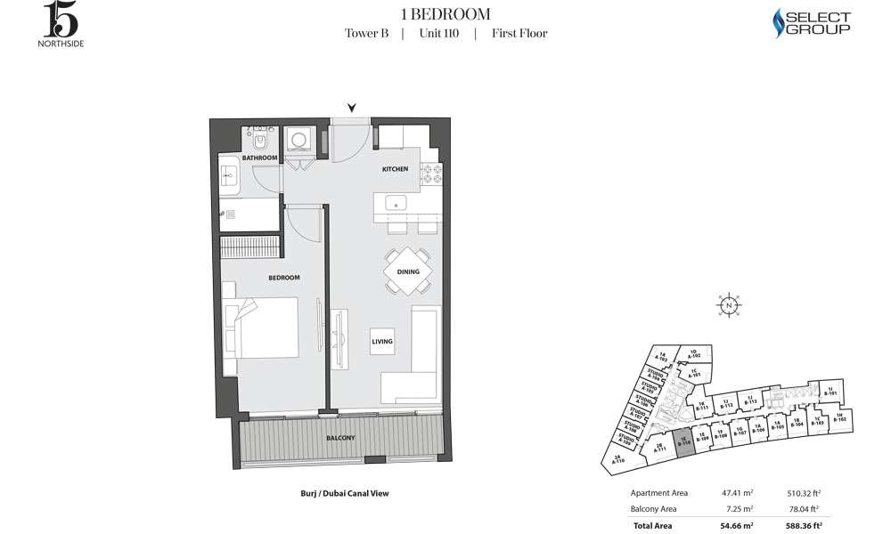 Tower B, 1 Bedroom, Unit 110, First Floor